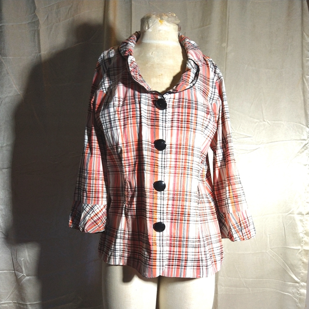 Vintage 90s Orange Cream Black Blue Plaid Print Silk?Long Sleeve Blouse. Large